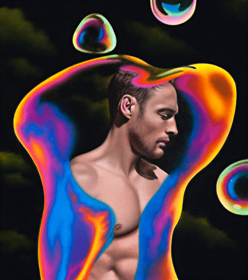 Ross Watson painting of shirtless man encased in colourful bubble with smaller bubbles around on black background