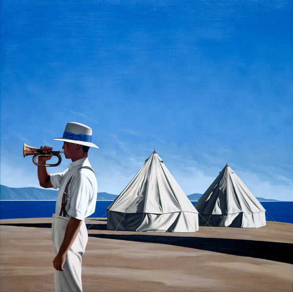 Ross Watson painting of a man in hat and shirt playing bugle with two round canvas tents 