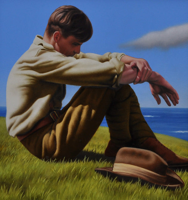 Ross Watson painting of WW1 Soldier sitting on ocean headland with hat to his side with downward gaze