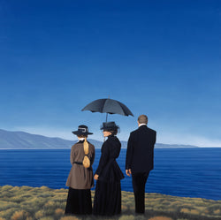 Ross Watson painting of three figures on coastal headland central figure in black dress holding umbrella man in black suit and woman wearing grey with ponytail
