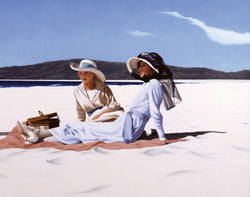 Two actresses in period costume with large hats picnicing on beach