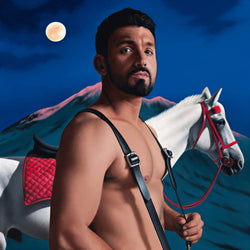 Ross Watson painting of shirtless Alfie Arcuri wearing braces standing in front of white horse with red saddle in full moon scence with snowy mountain