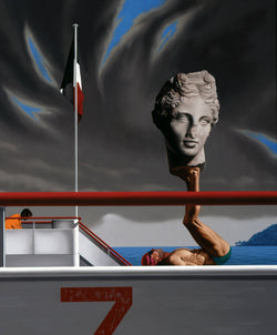 Surrealist painting of a man balancing an ancient marble head sculpture on his feet lying on the deck of a boat in stormy seas