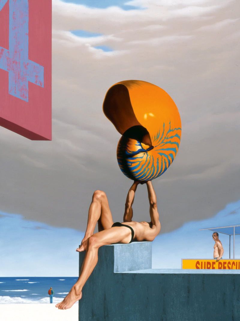 Surrealist painting of man in speedos holding oversized nautilus shell on platform in beach setting
