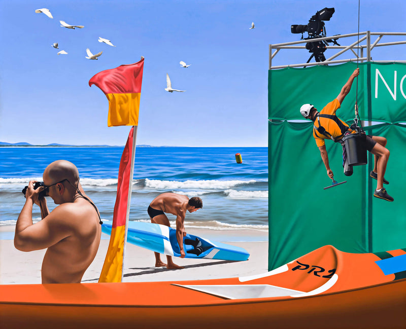 surrealist Ross Watson painting of window washer decending from green covered scaffolding, red and yellow surf flag man with camera at beach and surf ski