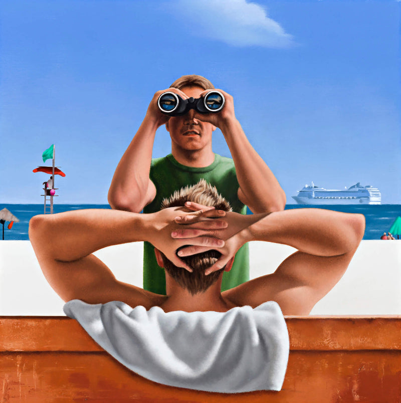 Ross Watson painting of man in green shirt looking through binocculars with cruise ship and lifeguard tower background and man with hands clasped behind head on bench in foreground