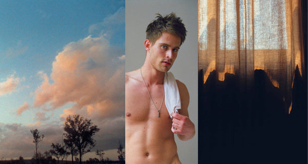 Ross Watson triptych photograph of shirtless man flanked by cloudy sky and hessian curtains