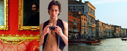 Ross Watson triptych photograph of long haired shirtless man wearing vest holding camera flaniked by views of venice and palace interior