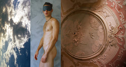Ross Watson triptych photograph of naked man wearing blindfold, flanked by cloudy sky and Venetian fresco ceiling