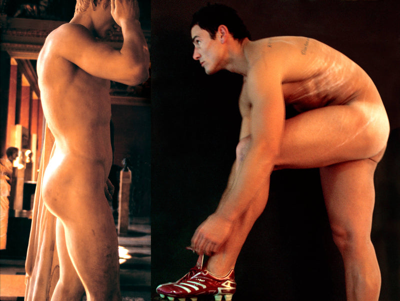 Ross Watson diptych photograph of nude Paul Licuria adjacent to roman scuplture of naked man