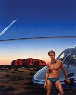 Painting of man in speedos in front of helicopter with uluru in background and jet stream in dawn sky