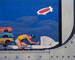 Painting of lycra clad cyclist crossing art deco bridge with blimp in sky and truck carrying cars in background