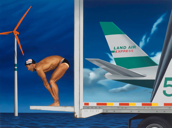 Painting of Dan Veatch diving off back of truck with a wind turbine with red blades to the left.  The side of the truck features the tail of an Land Air express aeroplane