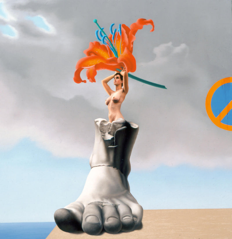 Surrealist painting of naked woman on top of ancient marble sculpture of foot holding giant orange lily with a no entry sign in a background of a cloudy sky