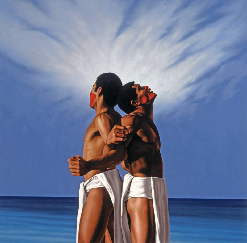 Ross Watson painting of two Fijian wearing white loin cloths back to back with arms linked in from of cloudy sky and ocean