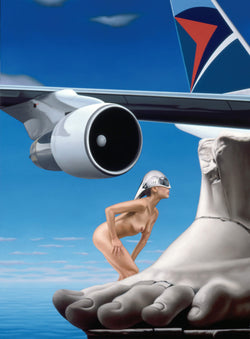 Surrealist painting of naked woman wearing helmet with jet engine in the background with an ancient roman foot sculpture