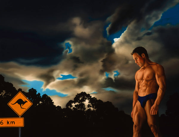 Man in speedos in dramatic night sky with kangaroo road sign