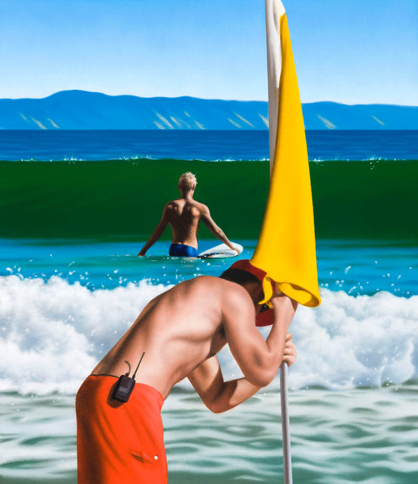 Ross Watson painting of life saver placing yellow flag in sand with surfer and wave in background
