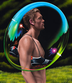 Ross Watson painting of footballer Sam Gilbert with his boots over his shoulder in profile encased in giant transparent bubble in garden setting