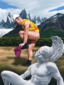 Ross Watson painting of tradesman dressing in front of alpine landscape with marble sculpture of Adonis in foreground