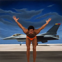 Painting of Grant Hackett in diving pose on beach with fighter jet in background