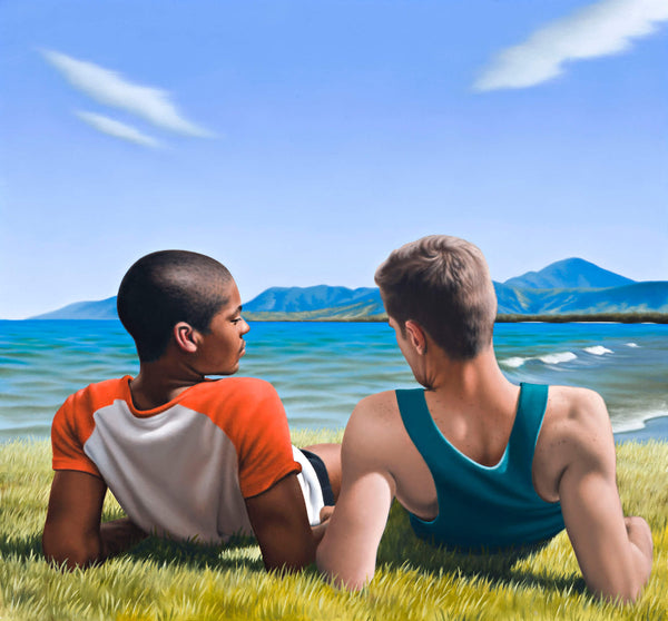 Ross Watson painting of two casually dressed young men lying on grass next to beach holding hands