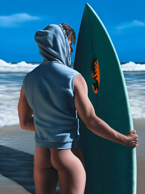 Ross Watson painting of pantless surfer viewed in profile holding green surfboard vertically at beach 