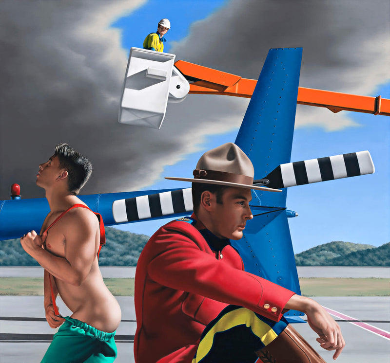 Ross Watson painting of man in Canadian Mountie uniform in front of helicopter and fireman undressing with worker in cherry picker in the distance