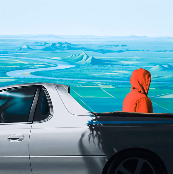 Painting of man in red hoody standing behind silver ute with the Ord River Delta in the background