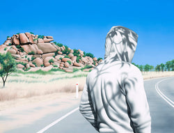 Painting of man on road wearing white hoody with rock formation in background
