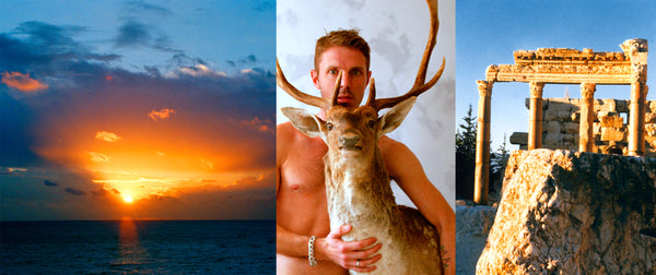 Ross Watson triptych photograph of jake shears holding stuffed dear flanked by sunrise and ancient roman ruins
