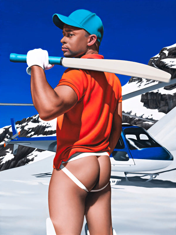Ross Watson painting of black man wearing blue baseball cap orange shirt and jock strap holding cricket bat over his shoulder in front of helicopter in alpine setting