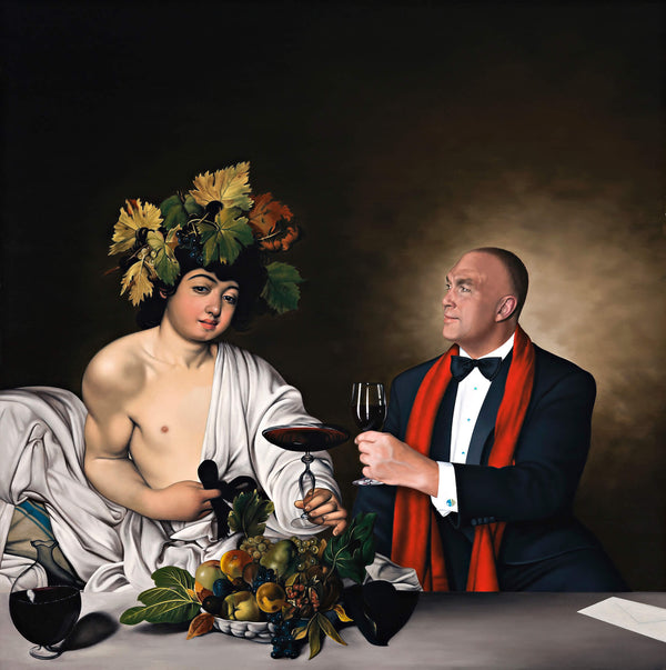 Realist painting of man in tuxedo wearing a red scarf holding a glass of red wine engaging with Bacchus wearing flowing white robes by Caravaggio