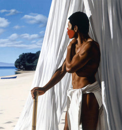 ross watson painting of man in traditional fijian dress and red painted face standing on beach in front of unfurled mosquito net