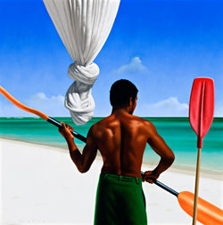 Ross Watson painting of shirtless black man on beach holding a paddle with knotted mosquito net in background and upright paddle in foreground