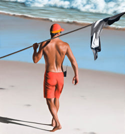 Ross Watson painting of shirtless lifesaver on the beach carrying black and white flag over his shoulder