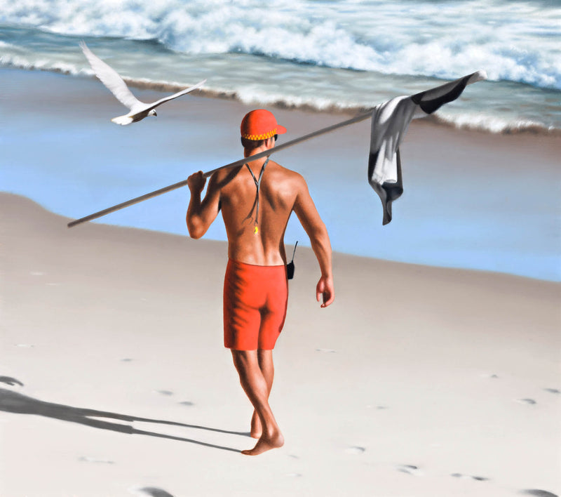 Ross Watson painting of shirtless lifeguard wearing red shorts carrying black and white flag over shoulder with white cockatoo flying at beach