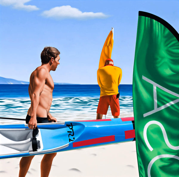 Ross Watson painting of speedo clad man carrying surf ski into water in front of life saver planting red and yellow flag in sand with green flag in foreground
