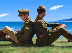 Ross Watson painting of two Australian Light horsemen soldiers in uniform sitting back to back on ocean headland