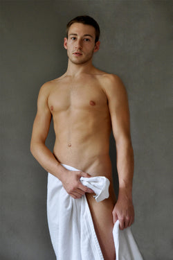 Ross Watson photograph of naked Matthew Mitcham draped in towel 