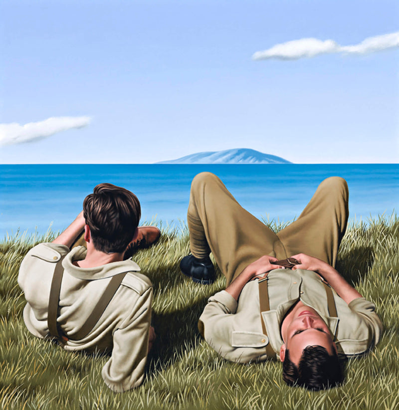 Ross Watson painting on two WW1 soldiers laying on headland looking out to sea