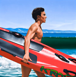 Ross Watson painting of surfer running into water carrying red surf ski