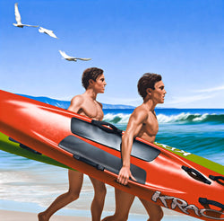 Ross Watson painting of twin surfers carrying surf skis running into ocean