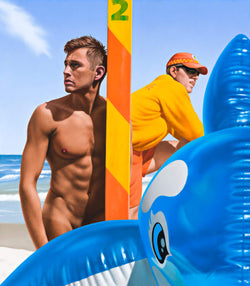 Ross Watson painting of naked lifeguard and clothed lifeguard with inflatable blue dolphin in foreground