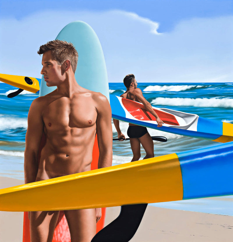 Ross Watson painting of naked man leaning against surfboard with a surf ski in the foreground and a man with a surf ski running into waves