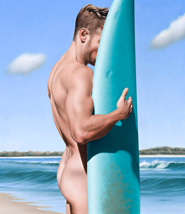 Ross Watson painting of naked man in profile holding green vertical surfboard at the beach