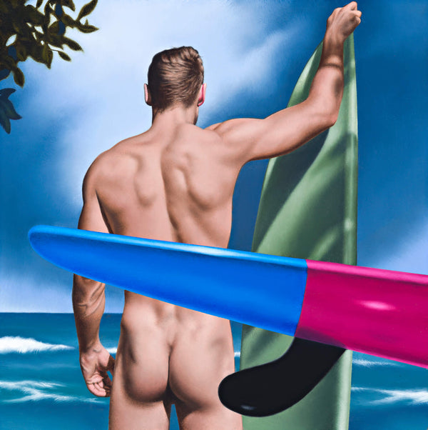 Ross Watson painting of naked man holding green vertical surfboard viewed from behind with blue and purple surf ski in the foreground
