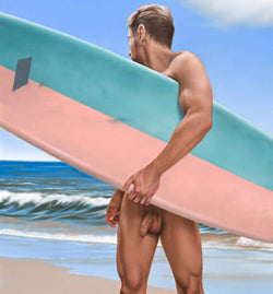 Ross Watson painting of front view of naked man holding surf board at the beach