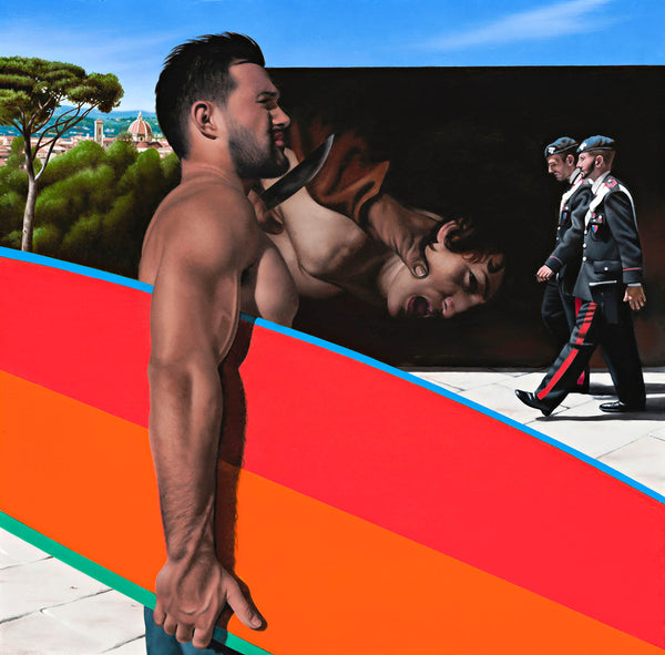 Ross Watson painting of Surfer with orange and red surfboard in front of billboard with caravaggio painting and two italian policemen with Florence in the distance