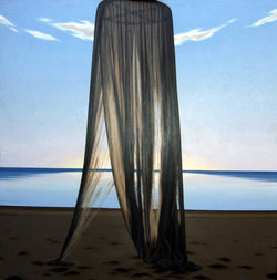 Ross Watson painting of unfurled mosquito net on beach at dusk